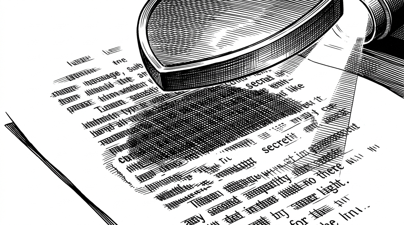 A high-contrast scene of a document passing through a light beam. The secrets on the page are physically blocked by a lead shield, while the rest of the text glows brightly on the other side.