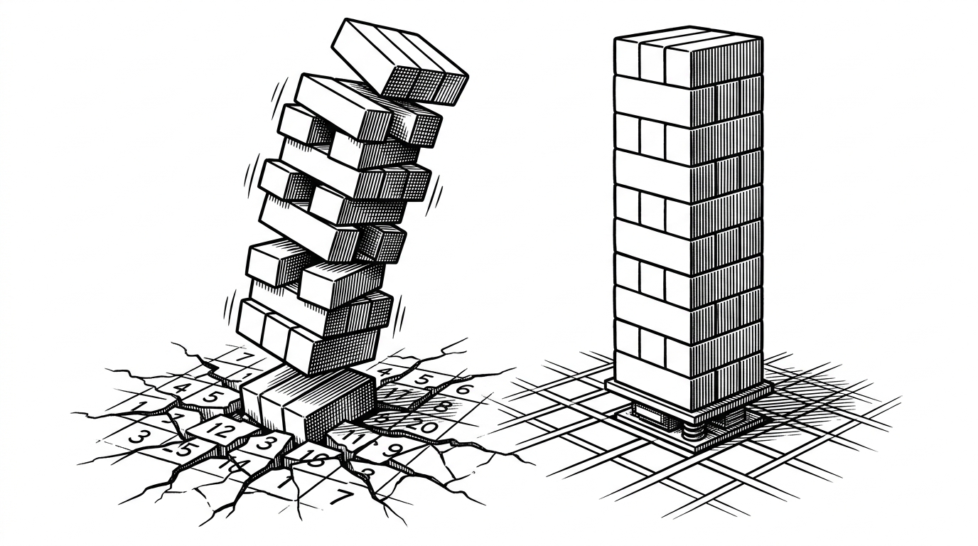 A stacked tower of blocks straddles a split floor. On one side, the stack trembles above a cracked grid and loose joints. On the other, the same stack is held upright by a lattice of constraint lines and a compact soft-step mechanism below it, explaining the engine's focus on stability over spectacle.