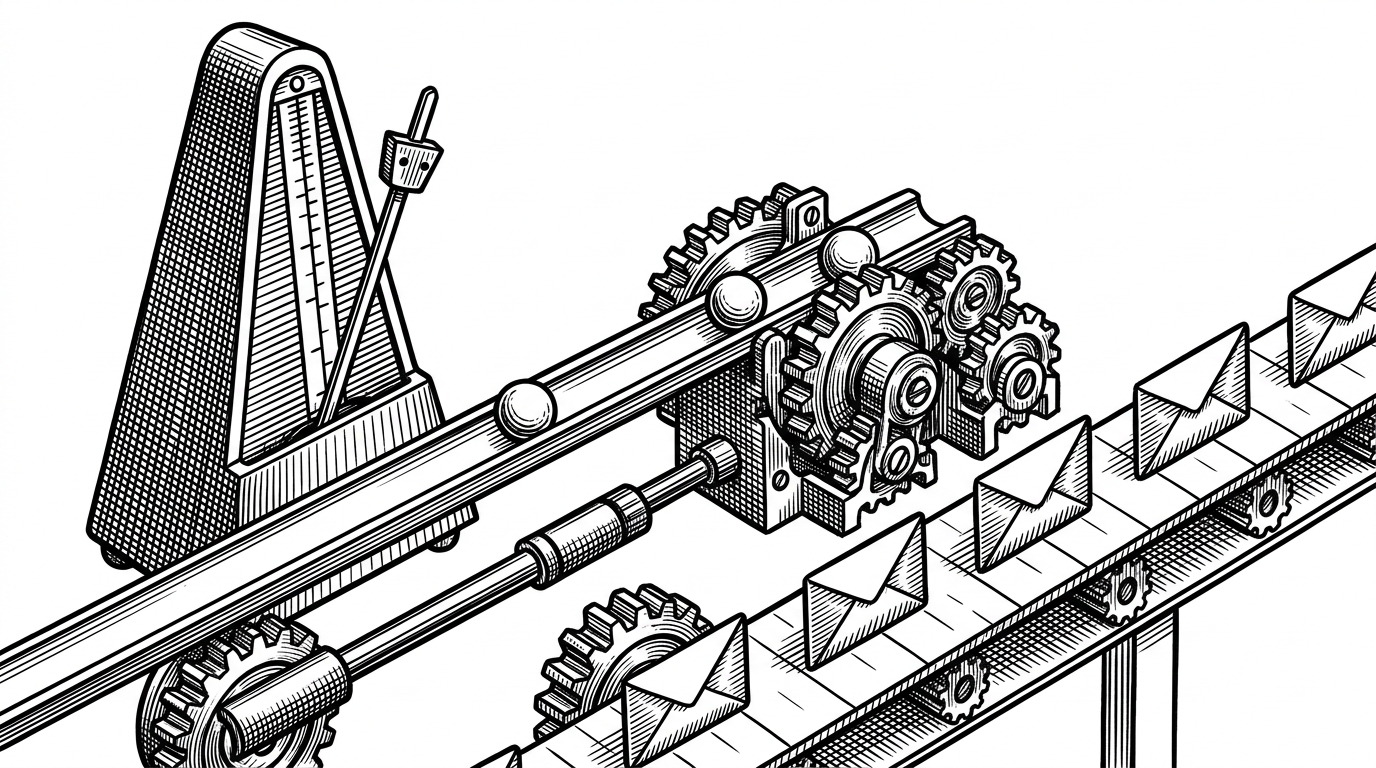 A close-up mechanical scene shows one physics step being divided into several small pulses. A lever feeds motion through three checkpoints, while sealed envelopes representing contact events move outward from the mechanism, explaining how Box3D stabilizes simulation by slicing time into controlled substeps.