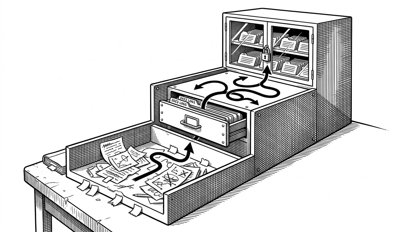 A flight recorder sits on a workbench and is split into three compartments. One compartment is a messy scratchpad, one is a sealed archive drawer, and one is a glass-fronted wiki cabinet. The image explains Icarus as a layered trust system, where only the right information is promoted into shared memory.