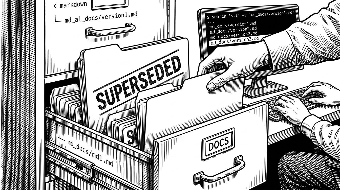 A close-up shows a cabinet of Markdown folders, with one folder stamped superseded and a newer folder placed in front of it. In the background, a hand uses terminal tools to inspect the trail. The image explains why Icarus prefers files on disk: memory stays inspectable, replaceable, and auditable.
