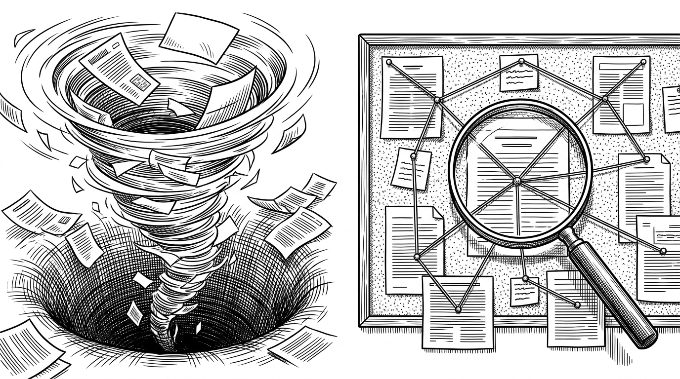 A split scene showing loose papers flying into a pit on the left, and neatly pinned, interconnected papers on a corkboard on the right.