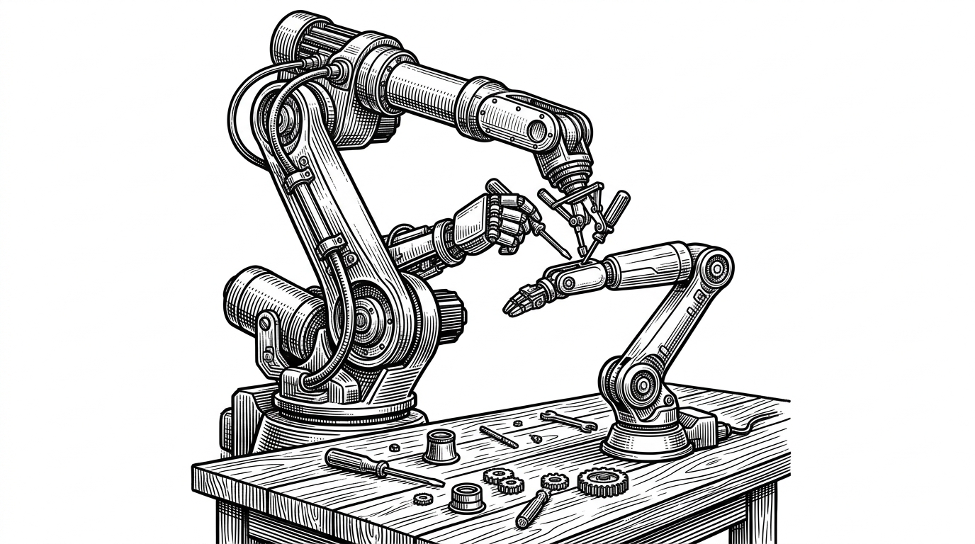 A large robotic arm meticulously assembling a smaller, identical robotic arm on a wooden workbench, symbolizing model distillation.