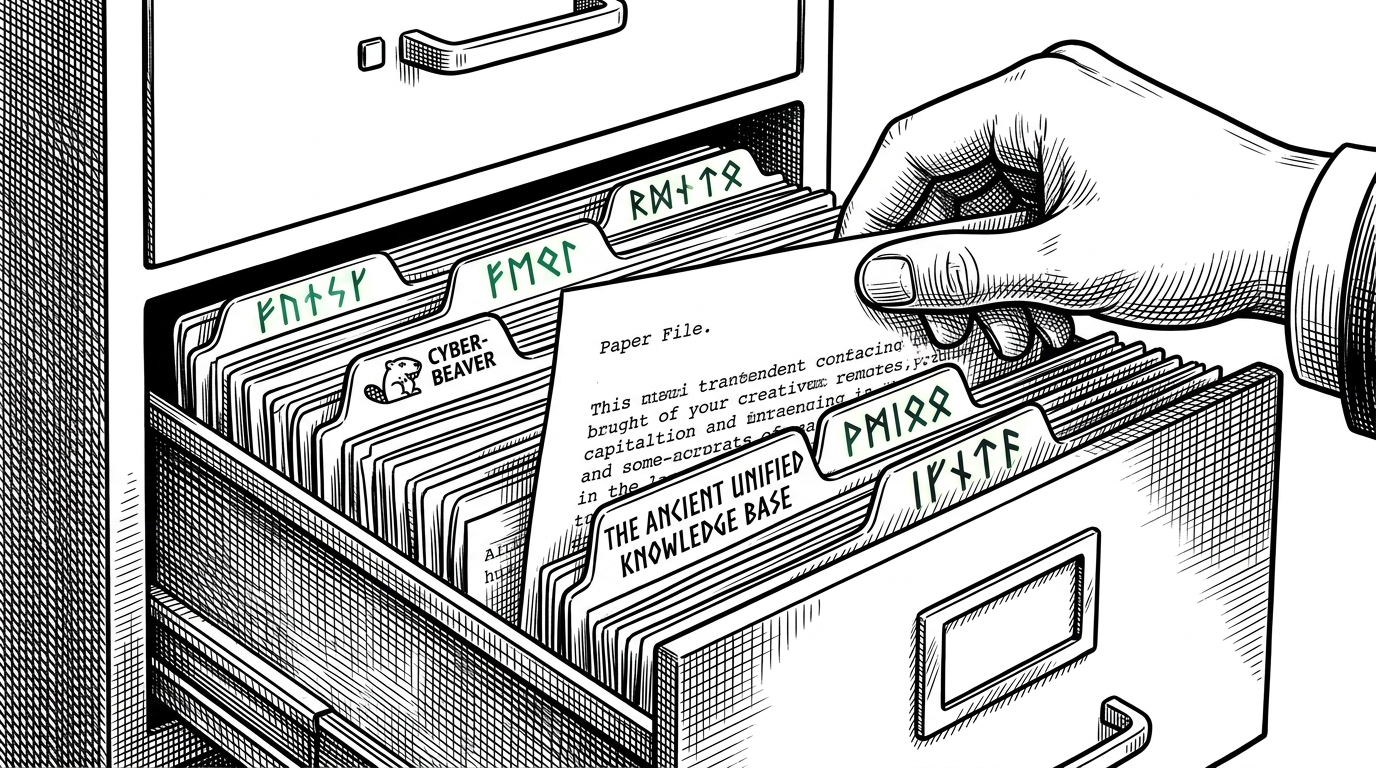 A close-up of a traditional metal filing cabinet drawer pulled open with runic tabs, where a plain typewritten paper file is being pulled out.