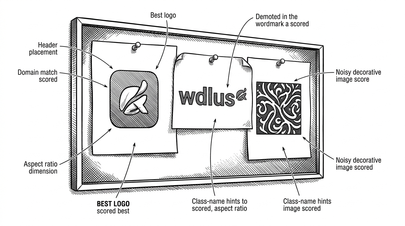 Three competing logo candidates are pinned to a scoring board: a square icon, a wordmark, and a noisy decorative image. Annotation lines point to the reasons they score differently, including placement, domain match, aspect ratio, and class-name hints. The image explains how OpenBrand ranks weak signals instead of trusting one obvious asset.