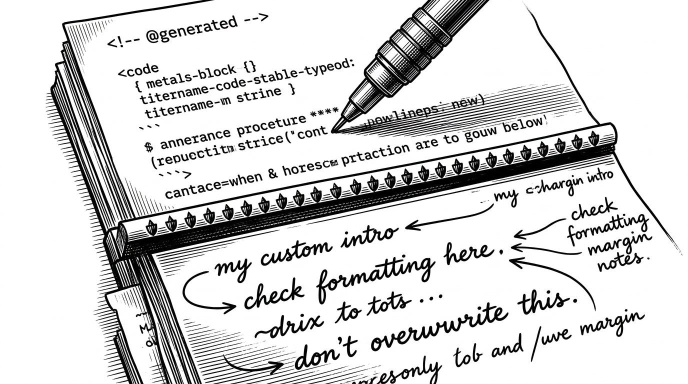 A close-up Markdown page is divided into protected bands. The top and middle sections are tagged as generated content, while a handwritten user annotation block sits underneath, untouched. A mechanical pen rewrites only the generated section, leaving the human notes visible and intact. The image explains how the repo updates machine-authored text without clobbering manual edits.