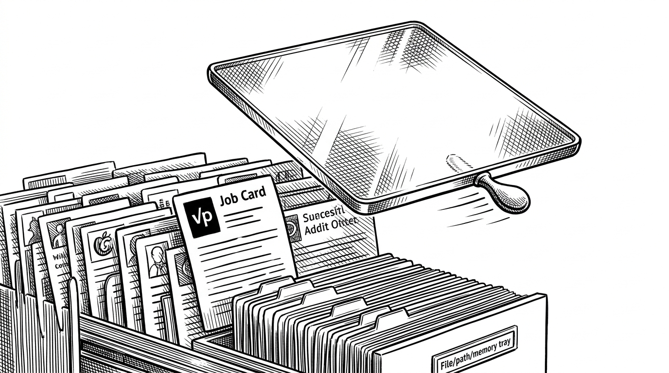 A floating glass stats panel hovers over several job cards, with one card active and older ones fading into a small memory stack. The image explains how the extension uses a draggable overlay and cached state to feel fast on top of a crowded page.