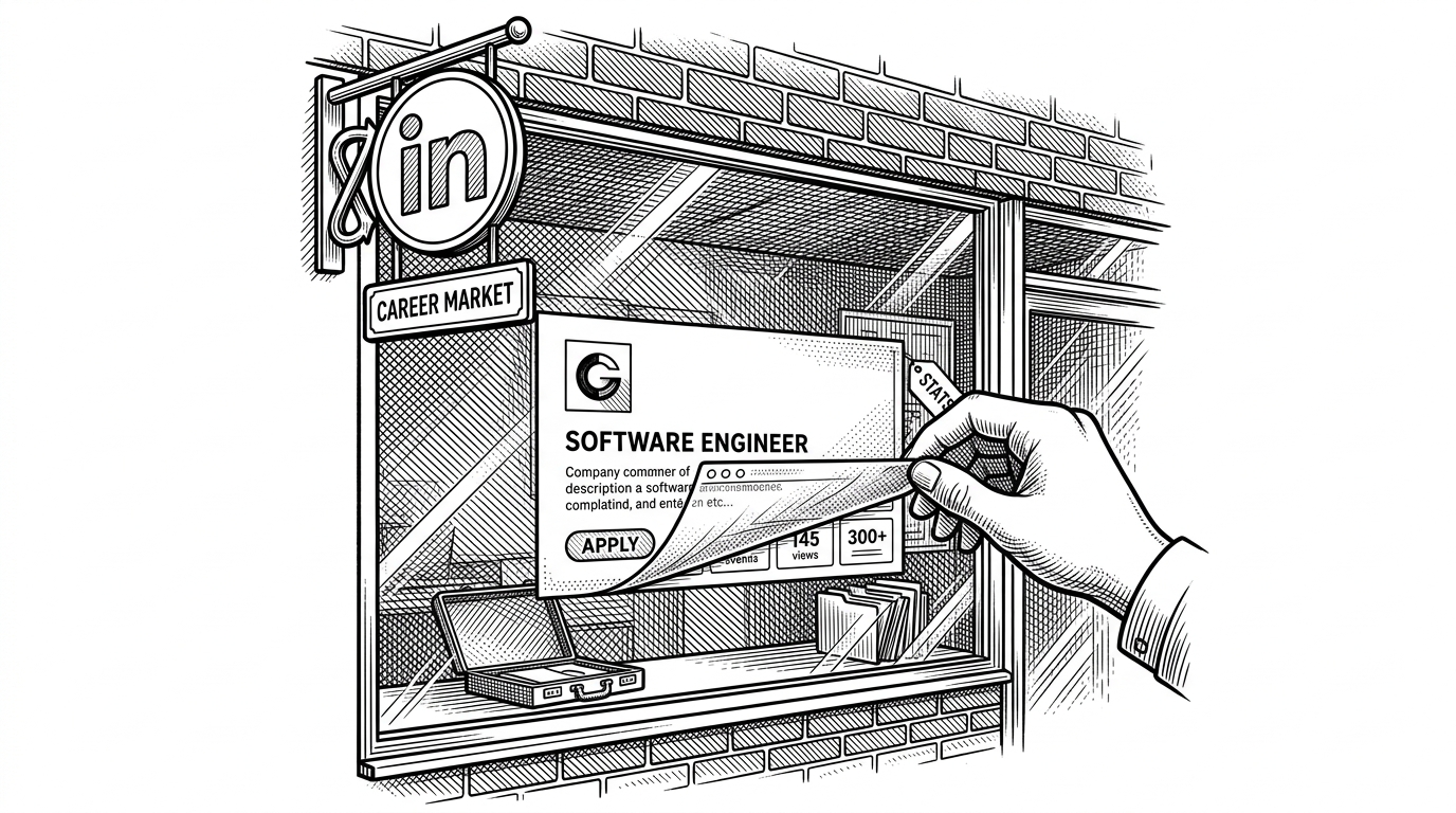 A LinkedIn-style job page viewed through a stark editorial lens, with visible job cards in the foreground and hidden metrics partially concealed behind a translucent browser layer being peeled back. The scene explains the article’s core idea: useful job signals already exist, but the extension changes how you can see them.