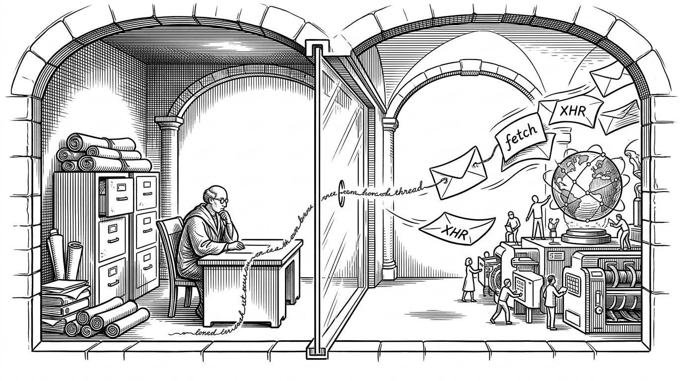 A close-up of a thin script thread moving from a small content-script chamber into the open page world, where it hooks onto streams labeled as network requests. The image explains how the extension crosses Chrome’s isolated-world boundary without a full debugger attachment.