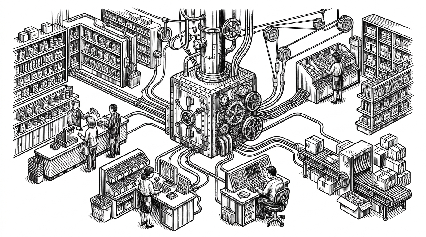 A wide retail storefront built around a central mechanical vault, with shelves, a checkout counter, an admin desk, and shipping lanes all connected back to one bright core. The scene explains the article's main idea: Redis is not a side cache here, it is the coordination layer that keeps the store moving.