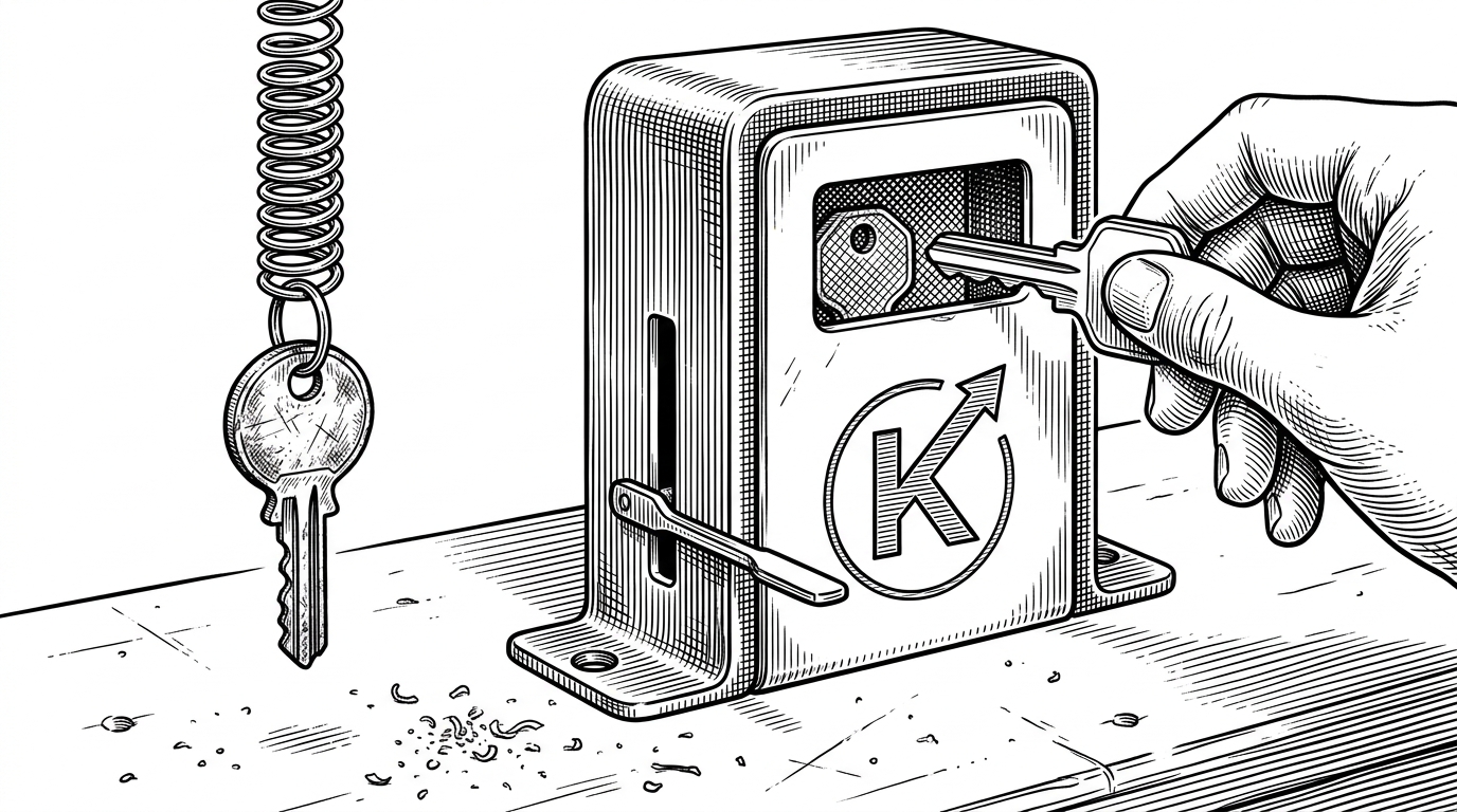 A close-up of two keys on a locksmith's bench, one small and temporary, the other sealed inside a steel lockbox with a narrow slot for renewal. The scene explains how the app separates short-lived access tokens from Redis-backed refresh state so revocation stays simple.