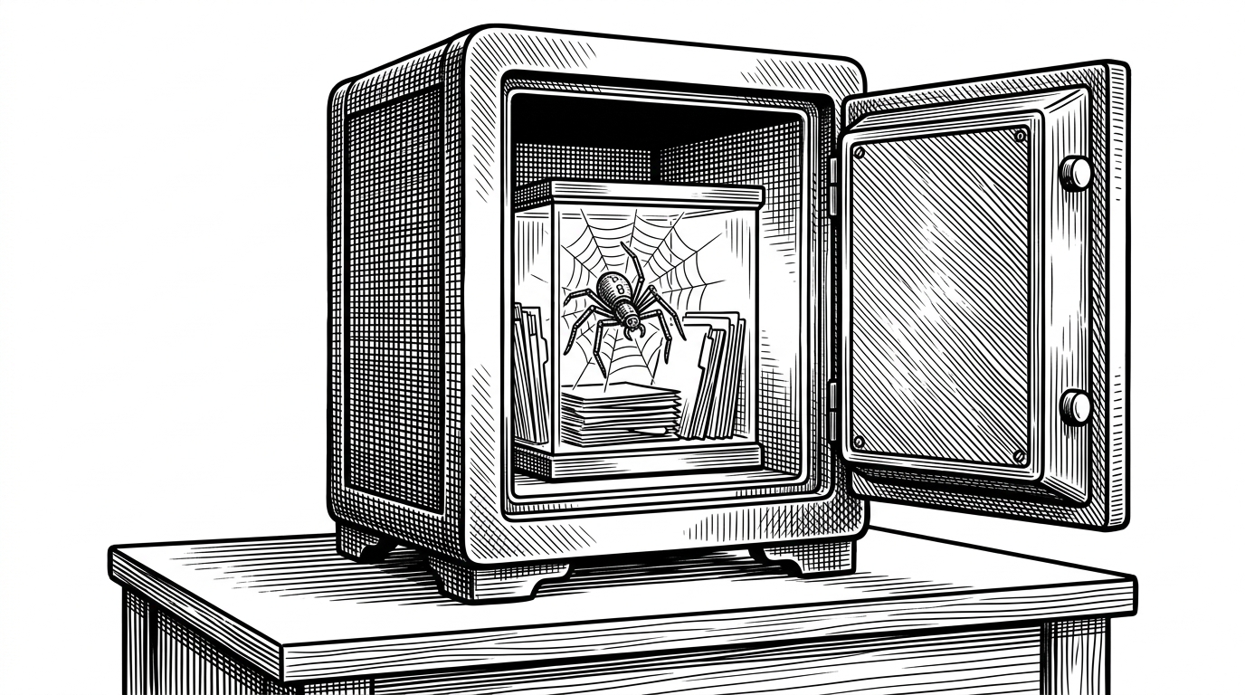 A vintage iron safe containing a mechanical spider spinning a web among paper files.