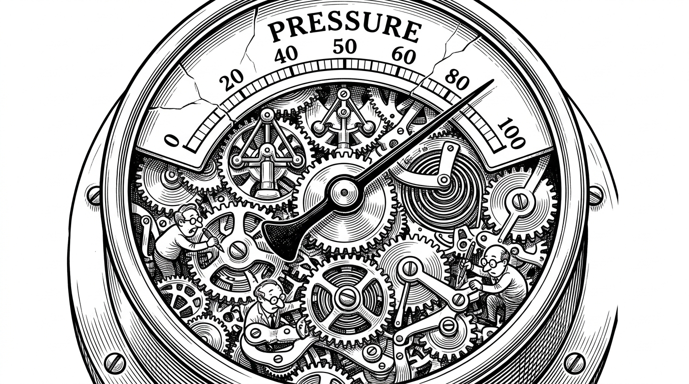 A close-up of a pressure gauge with complex gears restricting the needle's movement.