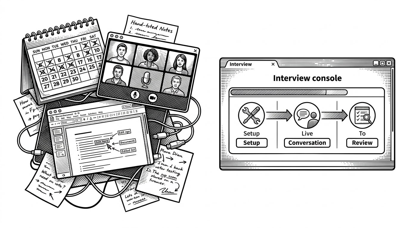 A split composition shows a messy pile of separate tools on one side and a single integrated interview console on the other. The left side feels scattered, while the right side compresses the workflow into one focused station. The image reinforces the tradeoff between stitching tools together and adopting one opinionated system.