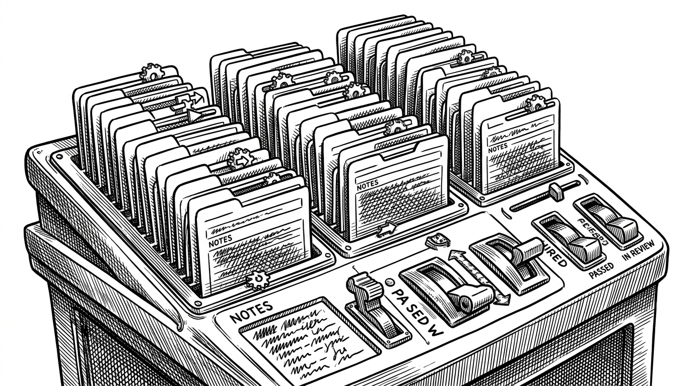 A wide control desk shows a grid of interview cards, outcome toggles, and note fields arranged like an operations panel. Small indicators shift as if the data has just updated, which makes the interface feel reactive rather than static. The image explains why Convex-powered queries turn the dashboard into a live feedback loop.