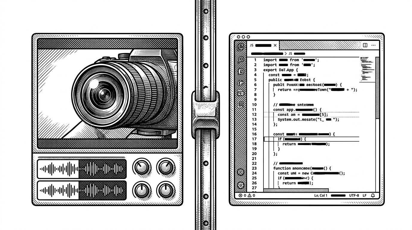 A medium editorial scene shows a split interview room with a camera preview and audio controls on one side and a Monaco-style code editor on the other. The divider between them is weighted and draggable, so the workspace feels like a deliberate instrument rather than a generic video call. The image explains how the product balances conversation and coding inside one interface.