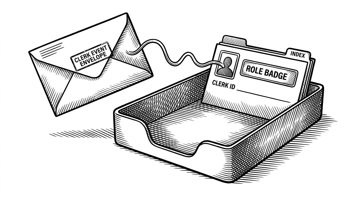 A close-up scene shows an envelope stamped with a Clerk event landing in a Convex inbox. Inside the inbox, a user record appears with a role badge and an index line, making the data handoff feel physical. The image explains how <span class=