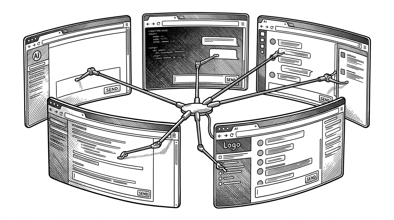 Four different AI website windows with different shapes and controls are all touched by the same thin set of adapter arms that connect to the send box, the message stream, and the sidebar edge. The image explains how one extension can survive UI differences across multiple platforms without becoming a monolith.
