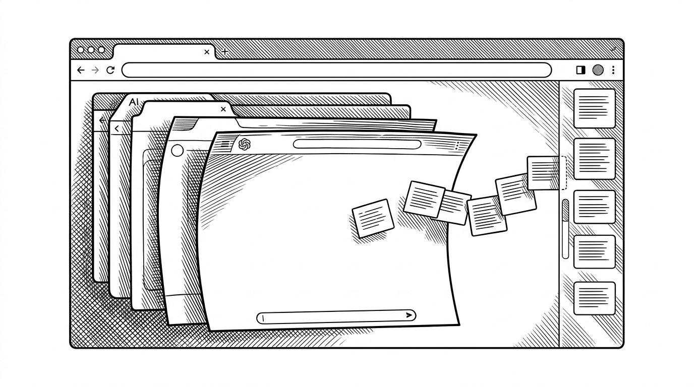 A wide browser window with several AI chat tabs stacked across the screen and a single translucent sidebar running along the edge like a spine. Small prompt cards move into the sidebar and emerge cleaner on the other side, showing how the extension sits above multiple sites and refines input before it reaches each chat box.