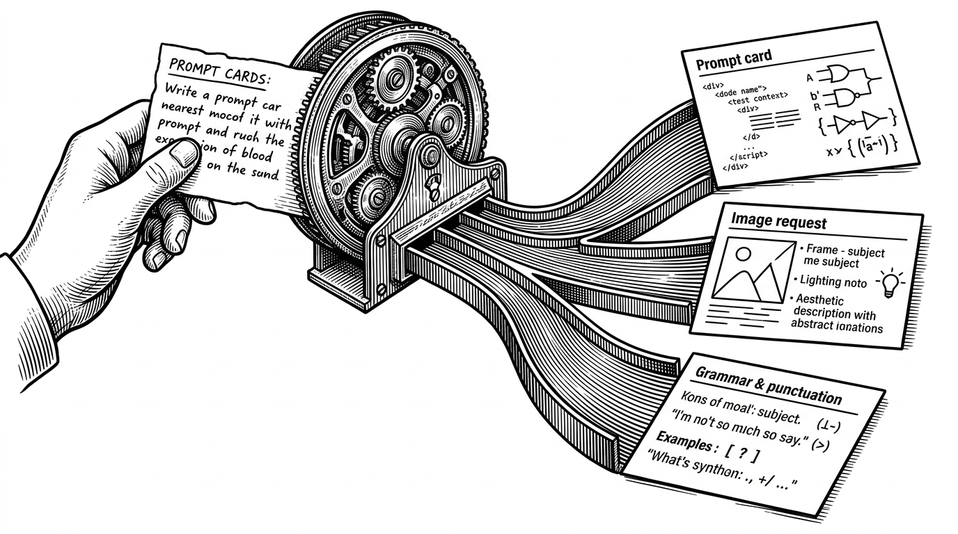 A close-up of one rough prompt being split by a mechanical classifier into three distinct channels, each carrying a different refined version. The scene explains how Threadly routes intent into separate refinement paths instead of using one generic rewrite for every task.