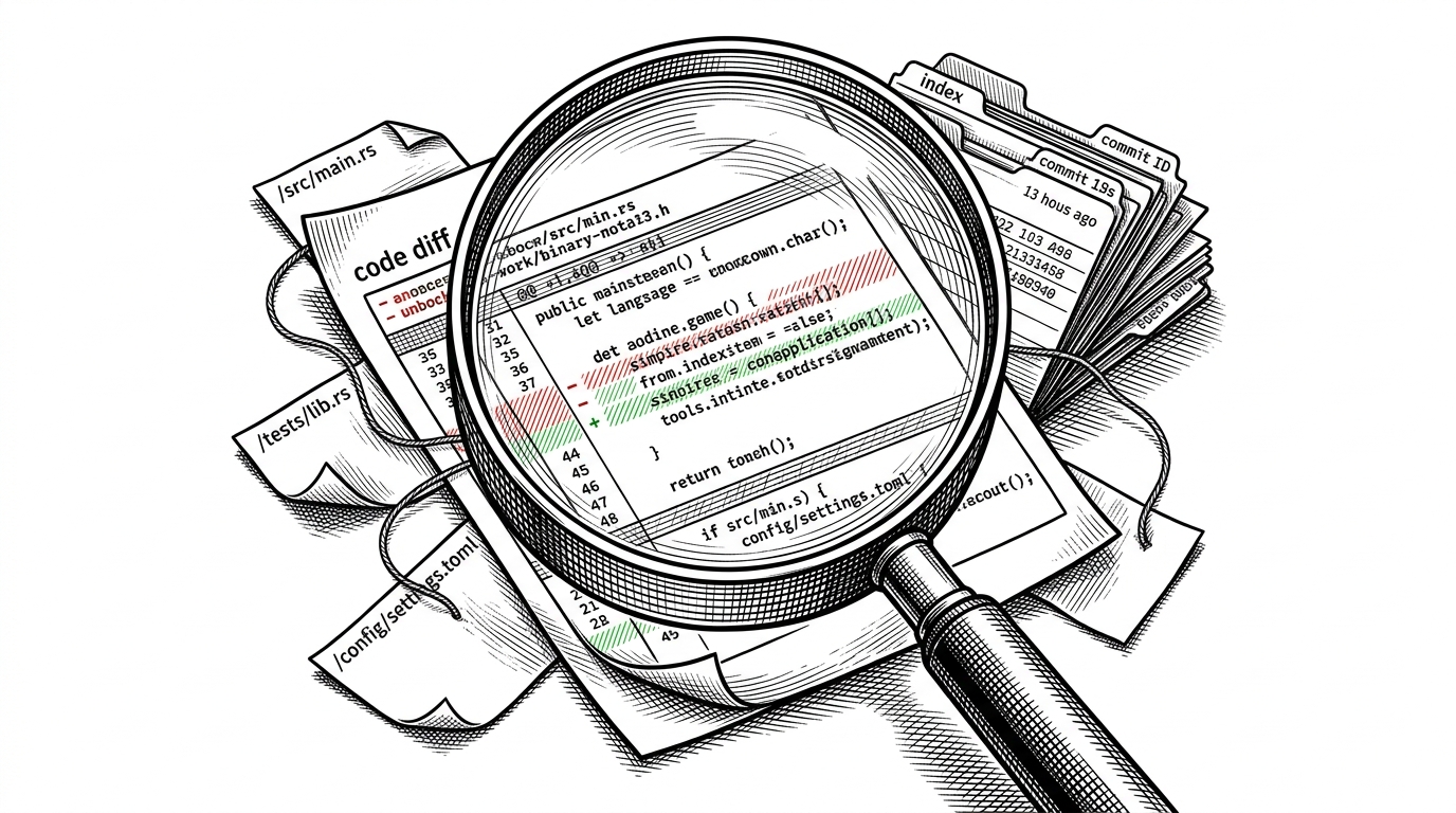 A close-up editorial illustration of a code diff being examined under a magnifying lens. Thin threads connect the diff to sibling files in the margin, while a compact index card stack sits behind it as repository memory. It explains how AltSenior combines local syntax with cross-file context before making a judgment.