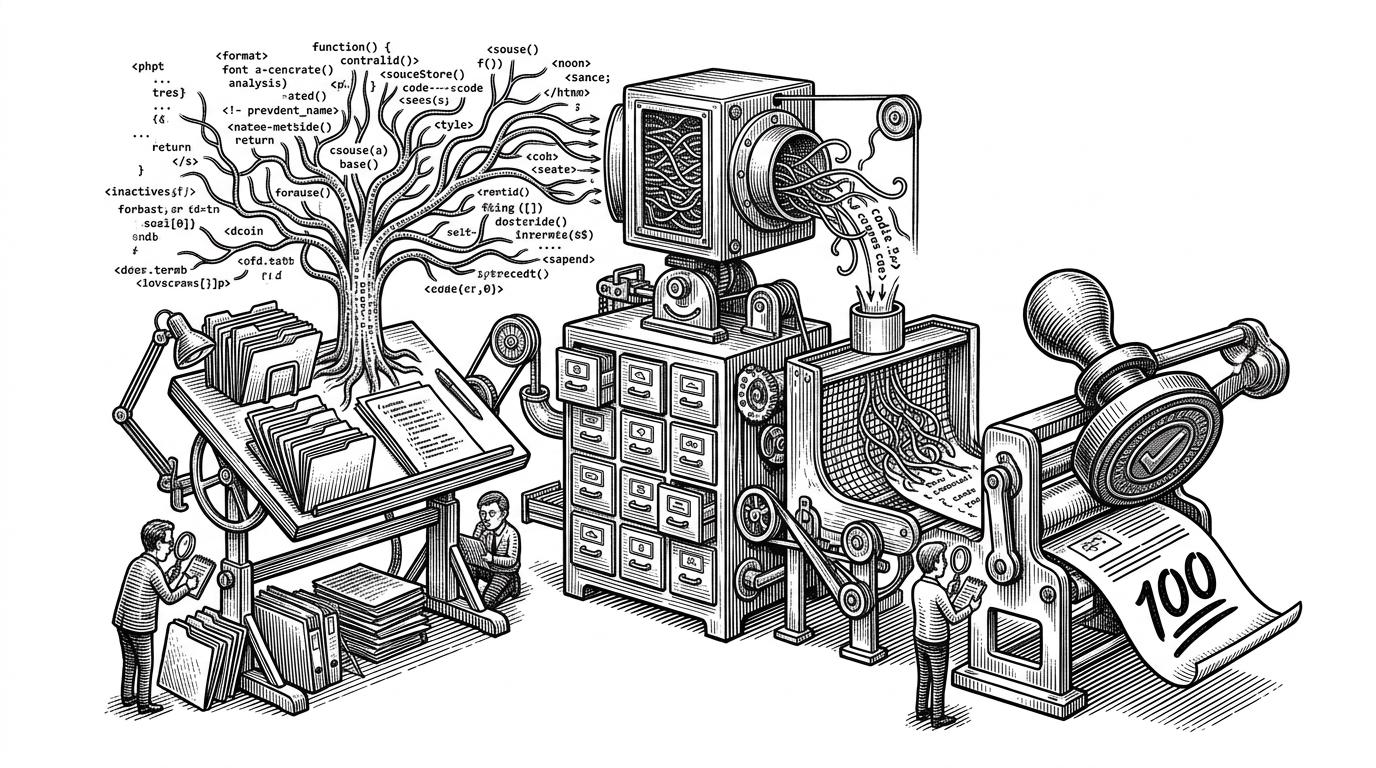 A black-ink editorial illustration of a code review pipeline built like a machine. A stack of source files feeds into a branching tree, then into a careful inspection chamber, and finally into a stamped scorecard. It explains that AltSenior AI turns code review into a sequence of evidence-based steps instead of a single prompt.