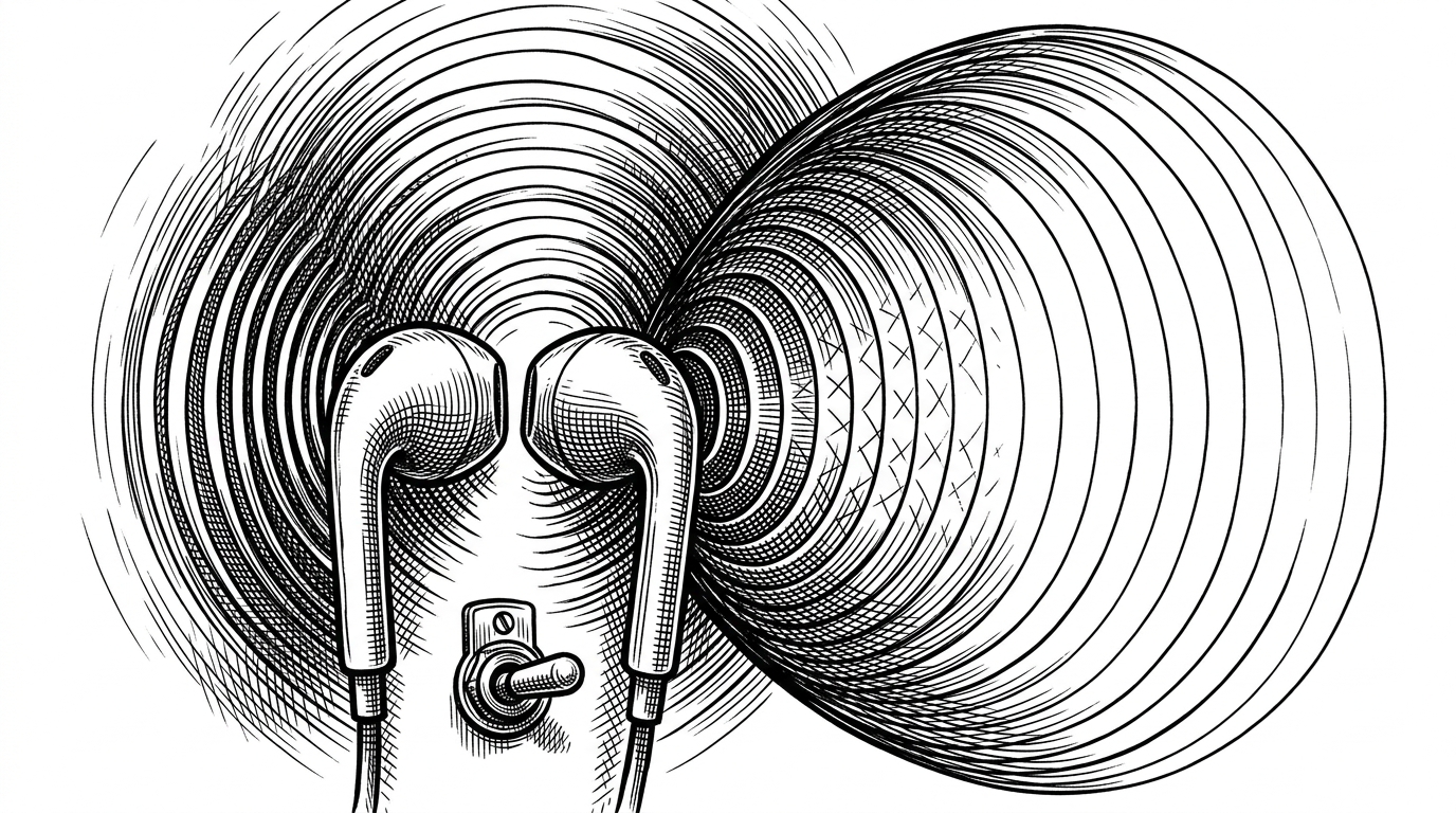 A pair of earbuds faces a circular sound field that expands into a wider oval as if the air around it has been bent. A small mechanical switch sits beside the field, suggesting a deliberate mode choice rather than a generic enhancement. The image explains why binaural virtualization changes the shape of the experience, not just the volume or tone.