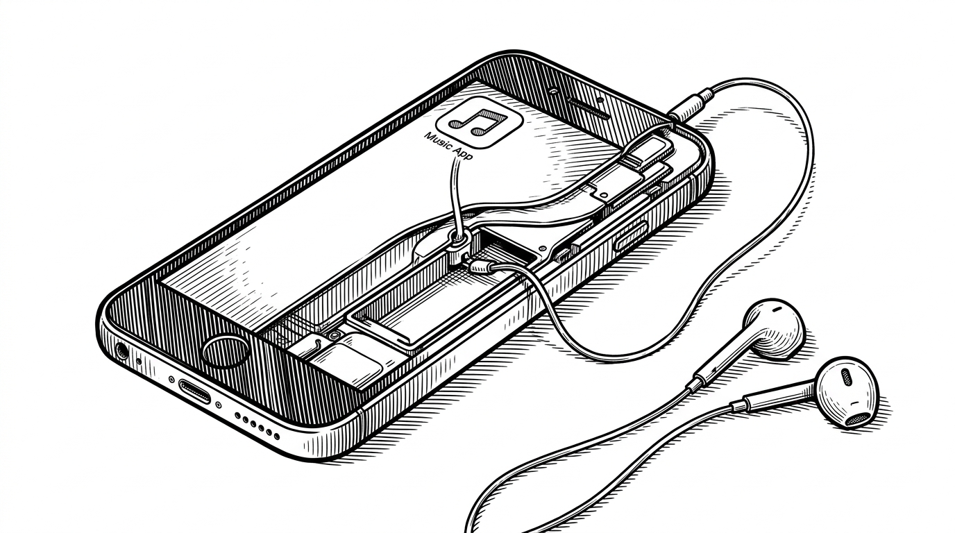A smartphone is shown like a cutaway machine, with a thin tether jumping from a music app into a hidden internal chamber and then out to earbuds. The image explains the central idea in cafeg: it attaches effects to a live audio session instead of processing sound only inside the app.