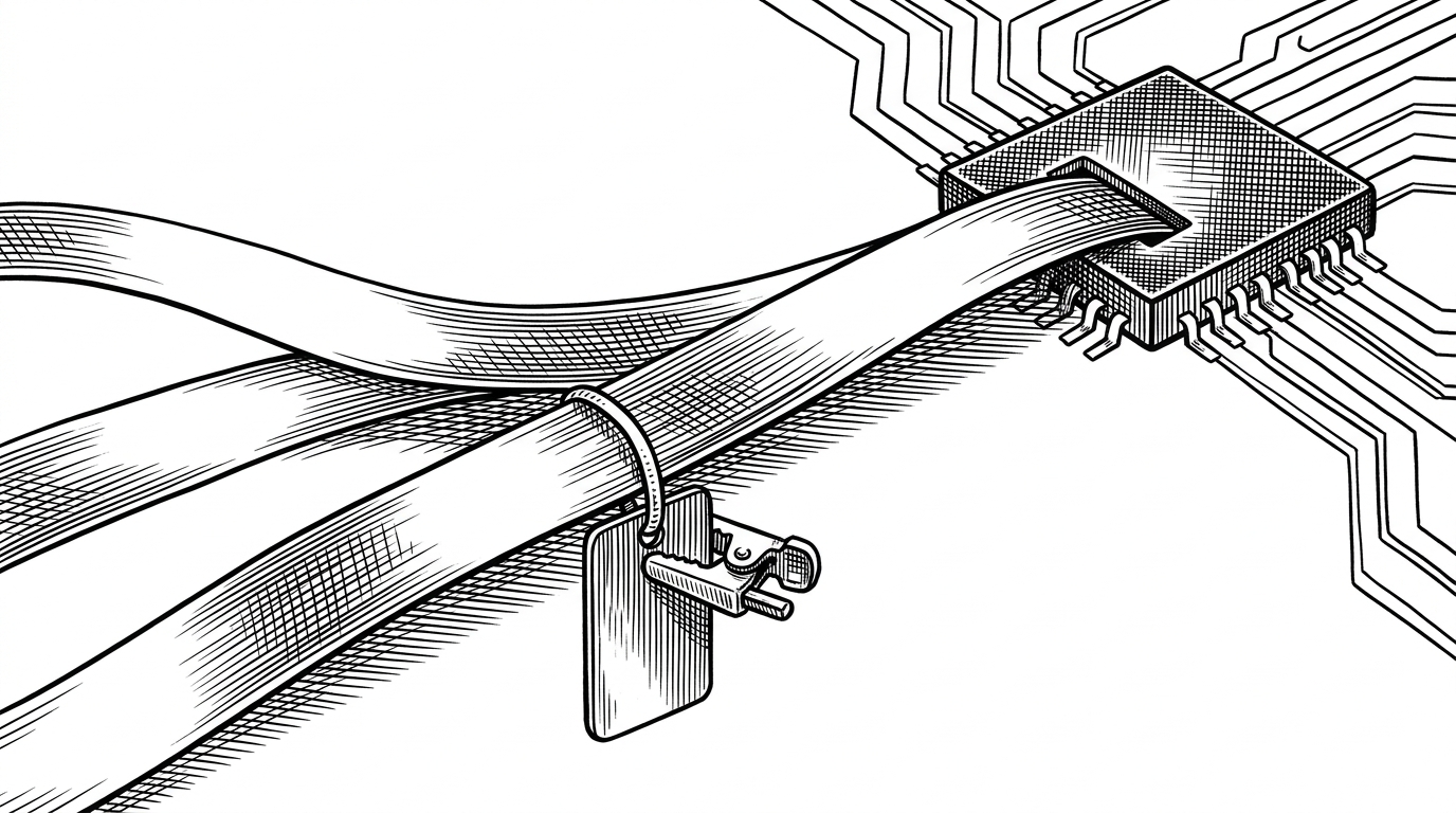 A tight close-up shows one audio stream splitting into two paths, with a small tag hanging off the stream like a clipped badge. One path flows into a device chip while a tiny hook grips the tag itself. The image explains how cafeg binds effects to the session identity, not to a manual playlist or player UI.