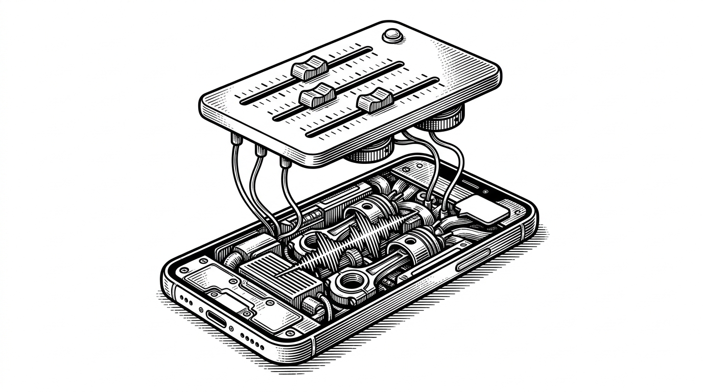 A polished control panel floats above a compact engine bay inside a phone, with thin wires linking sliders to hidden dials. The panel looks like a remote control rather than the source of the sound, which explains the app’s separation between UI and service.