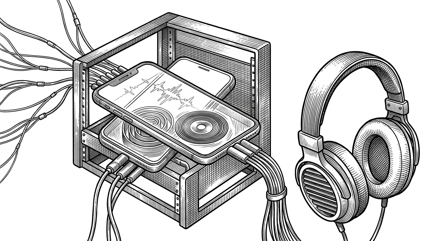 A smartphone floats like a compact audio module in a clean studio space while thin signal threads run from several app sources into it and out to headphones. The scene explains the article's core idea: a small app acting like a ghost DSP layer that sits between playback and output.