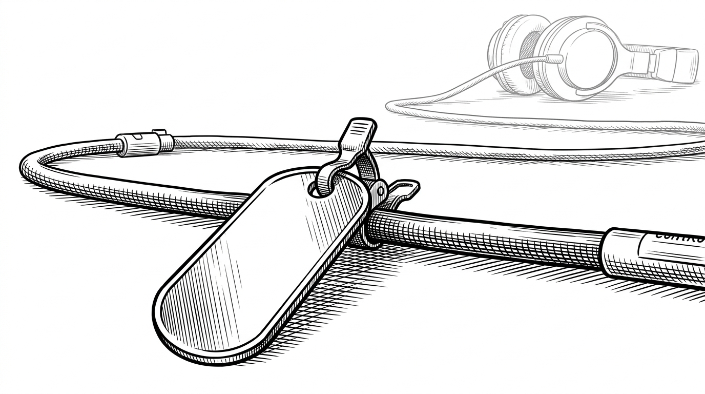 A close-up shows a service clasp attaching a brass audio session tag to a cable that continues toward headphones in the background. The image explains how CaféTone binds itself to a specific playback session and keeps that connection alive through the service layer.