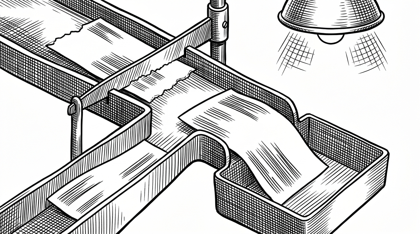 A close-up of campaign cards passing through a mechanical sorter. One expired card is cut away, one low-priority card is diverted, and one winning card falls into the output tray, illustrating how the repo filters a feed before the app renders anything.