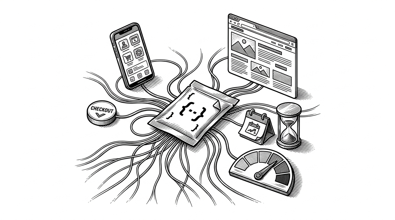 A small repository file sits at the center of a network of wires that feed a mobile screen, a web banner, and a checkout panel. The image explains how one checked-in JSON file can act like a control plane for promotion logic across multiple surfaces.