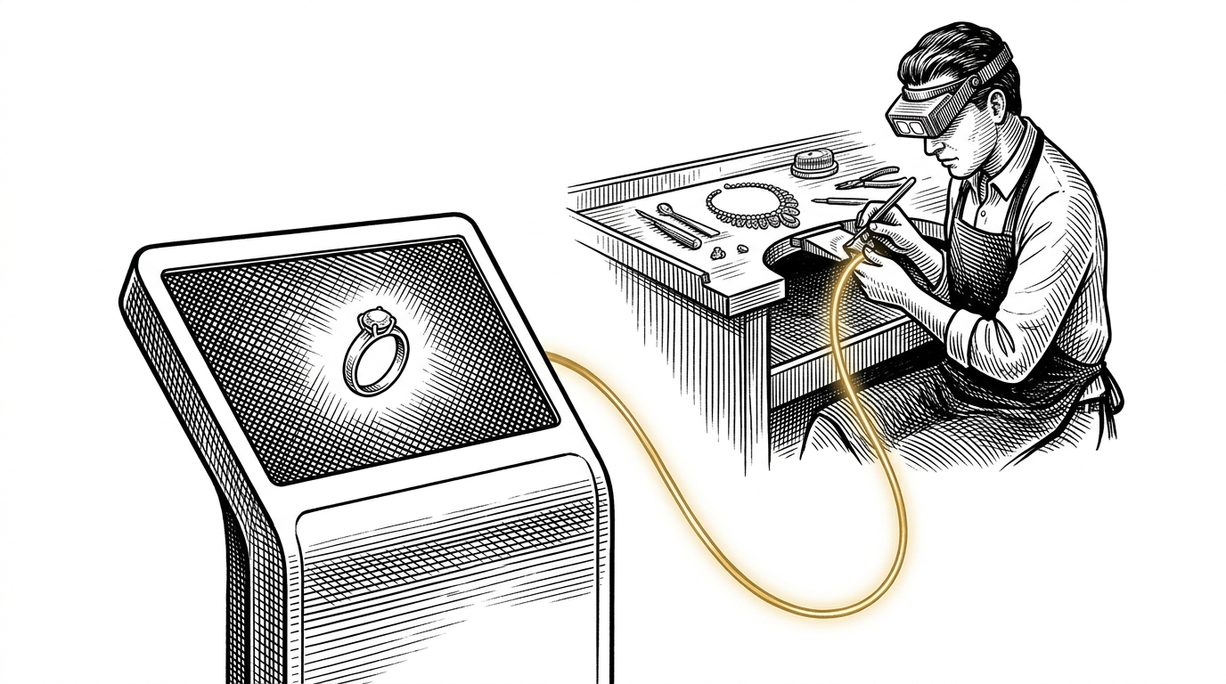 A high-end jewelry boutique where a digital kiosk is connected to a human jeweler by a glowing thread.