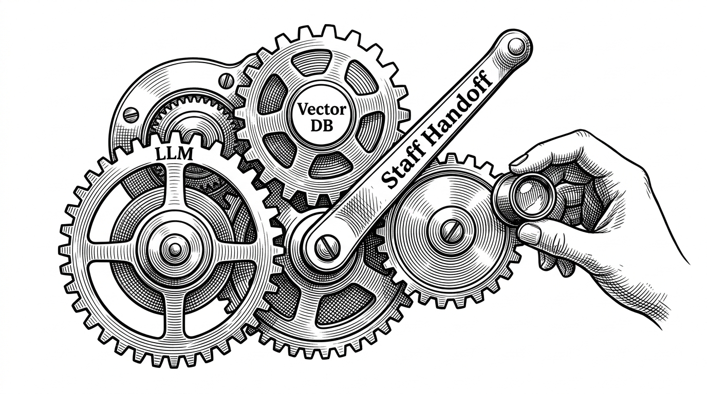 A clockwork mechanism representing the system architecture, with a prominent handoff lever.