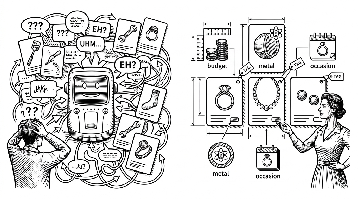 A split scene shows a noisy chatbot on one side, surrounded by vague speech bubbles and mismatched product cards, while the other side shows a tidy jewelry shortlist pinned with exact constraint chips. The image explains the difference between guessing and structured narrowing.