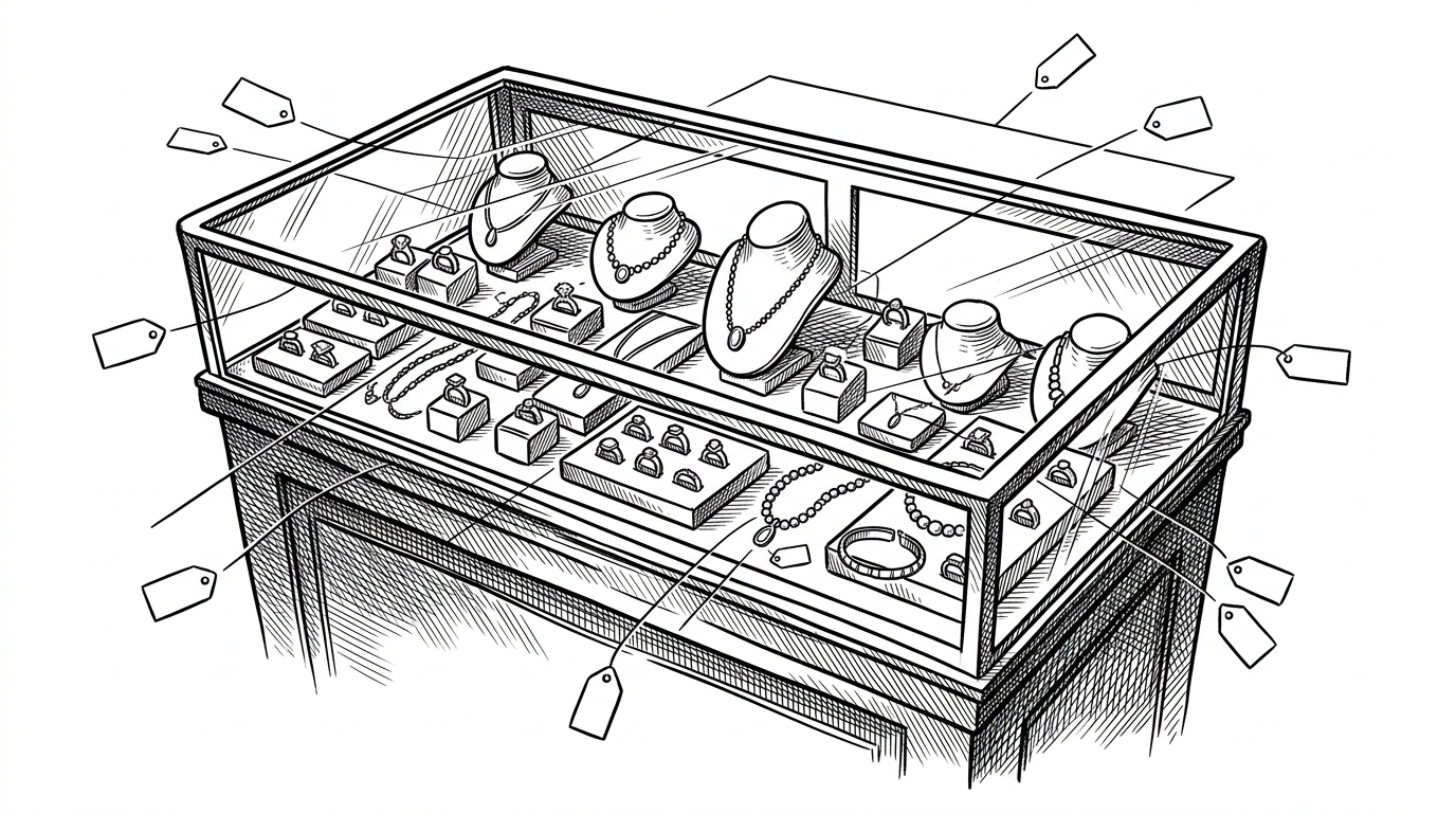 A jewelry counter under glass with rings and necklaces arranged in an orderly display while small blank tags hover above them like search constraints. The scene explains how the assistant turns shopping language into structured inventory logic instead of freeform chat.