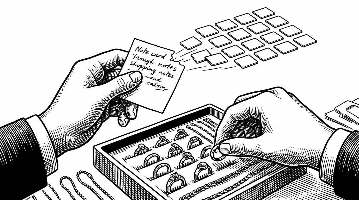 A close-up of hands annotating a customer note card beside a tray of rings. Simple abstract chips rise from the note card and settle into a neat row, showing how messy language becomes structured preferences.