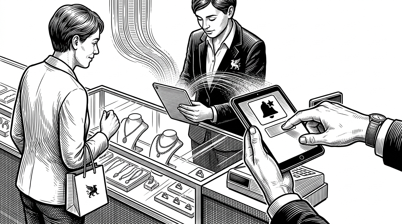 A sales associate receives a clean alert on a tablet while a customer stands nearby and the recommendation flow ends in a human hand. The scene shows that escalation is part of the product design, not a failure condition.