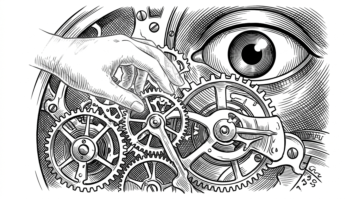 A classic metal-engraving style scene of a clockwork mechanism representing an interview, with a translucent, glowing hand subtly adjusting a gear that a large eye in the background cannot see.