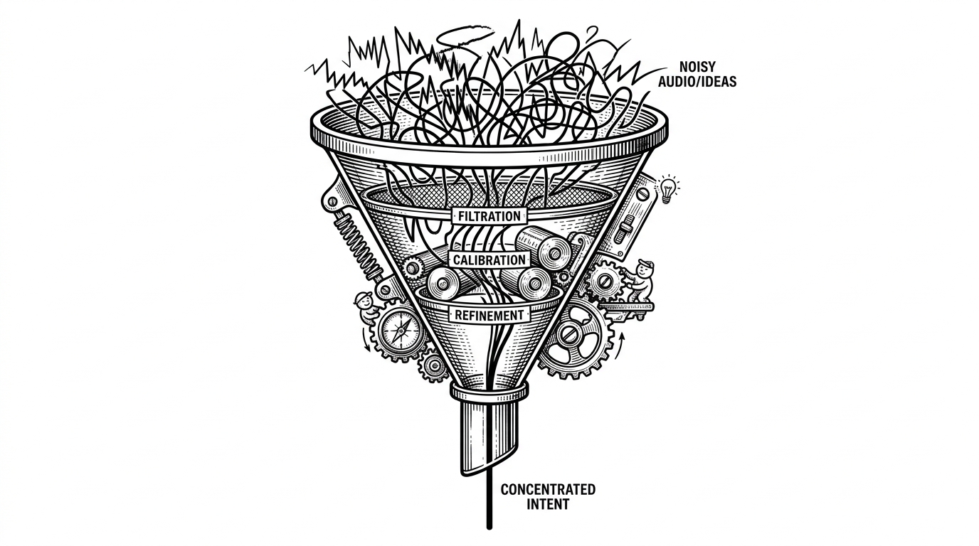 A complex funnel where jagged, chaotic lines representing noisy audio enter the top, pass through several filters, and emerge as a perfectly straight, glowing thread.