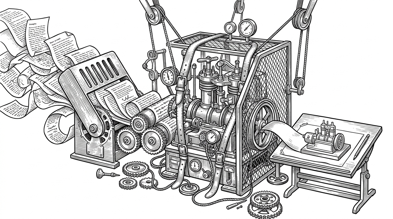 A brass machine sits inside a web of straps, pulleys, gauges, and safety cages, with a ribbon of prompt text feeding in and a finished artifact emerging onto a drafting table. It shows that the interesting part of an AI coding tool is the harness around the engine, not the engine alone.