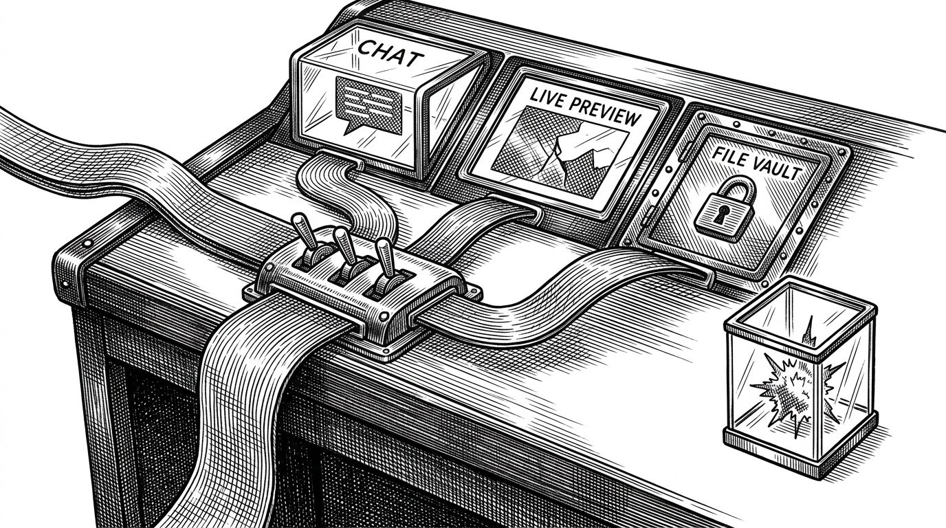 A close-up workspace shows three controls routing one stream into chat, one into a preview window, and one into a secure file vault, with a small isolated chamber protecting volatile output. It explains how a coding agent becomes useful when the interface keeps planning, rendering, and safety boundaries separate.