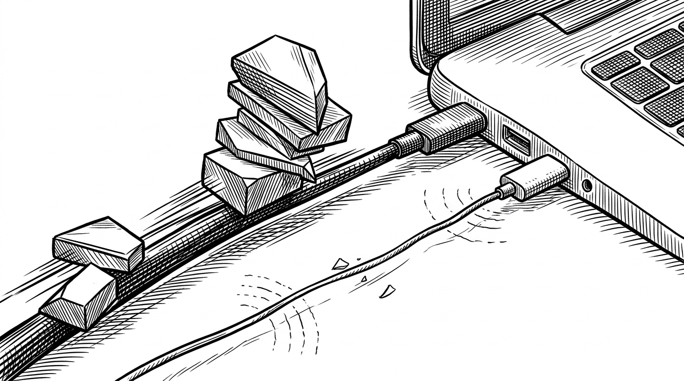 A close-up of two neighboring devices is connected by two very different paths, one thick and taut like a Thunderbolt cable and the other thin and wavering like Wi-Fi. Model layers route heavy work through the stronger connection, showing that Exo cares about link quality, not just device count.