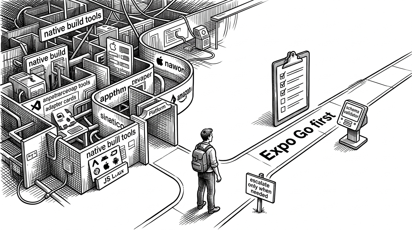 A medium-distance scene shows a developer standing at a fork in a blueprint-like mobile app path. One route twists into a maze of native build complexity, while the other is a straight, guarded corridor labeled as the Expo Go path with a checklist and validator at the entrance. The image explains Expo’s preference for the simpler supported route before escalating to heavier complexity.