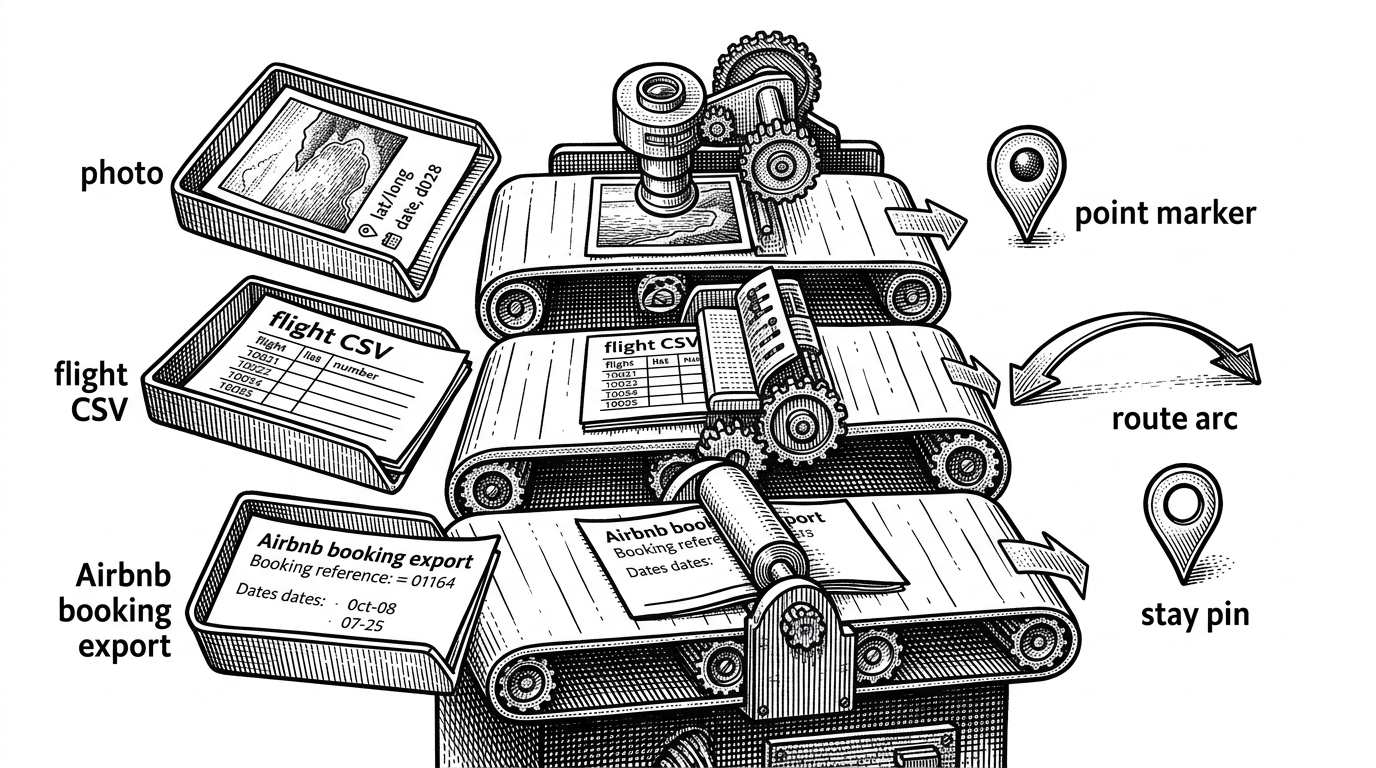 A close-up conveyor-belt machine turns a GPS photo, a flight CSV, and an Airbnb export into map markers, route arcs, and stay pins. The scene explains how TravelMap normalizes different kinds of travel evidence into one unified model.