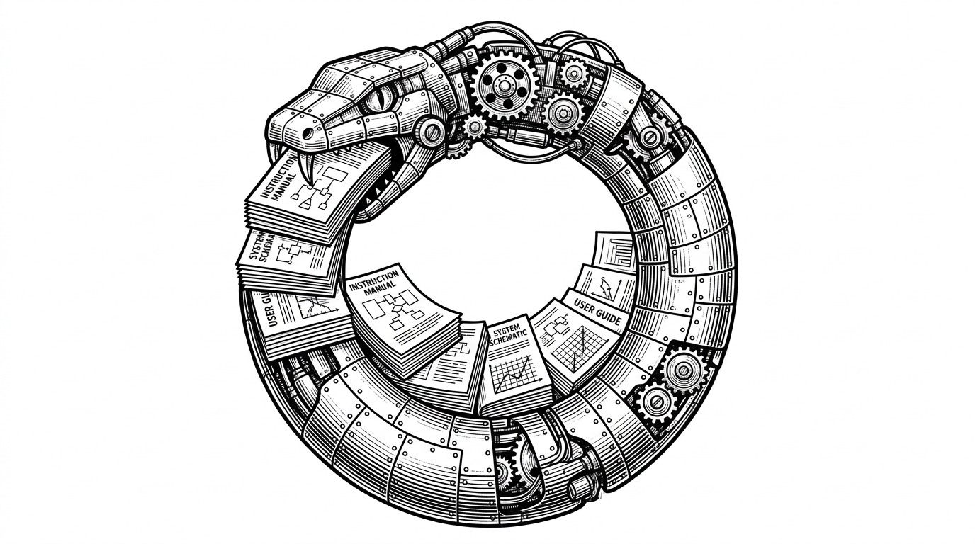 A mechanical snake eating its own tail, but the tail is composed of perfectly formatted instruction manuals. This illustrates the concept of dogfooding in software development.