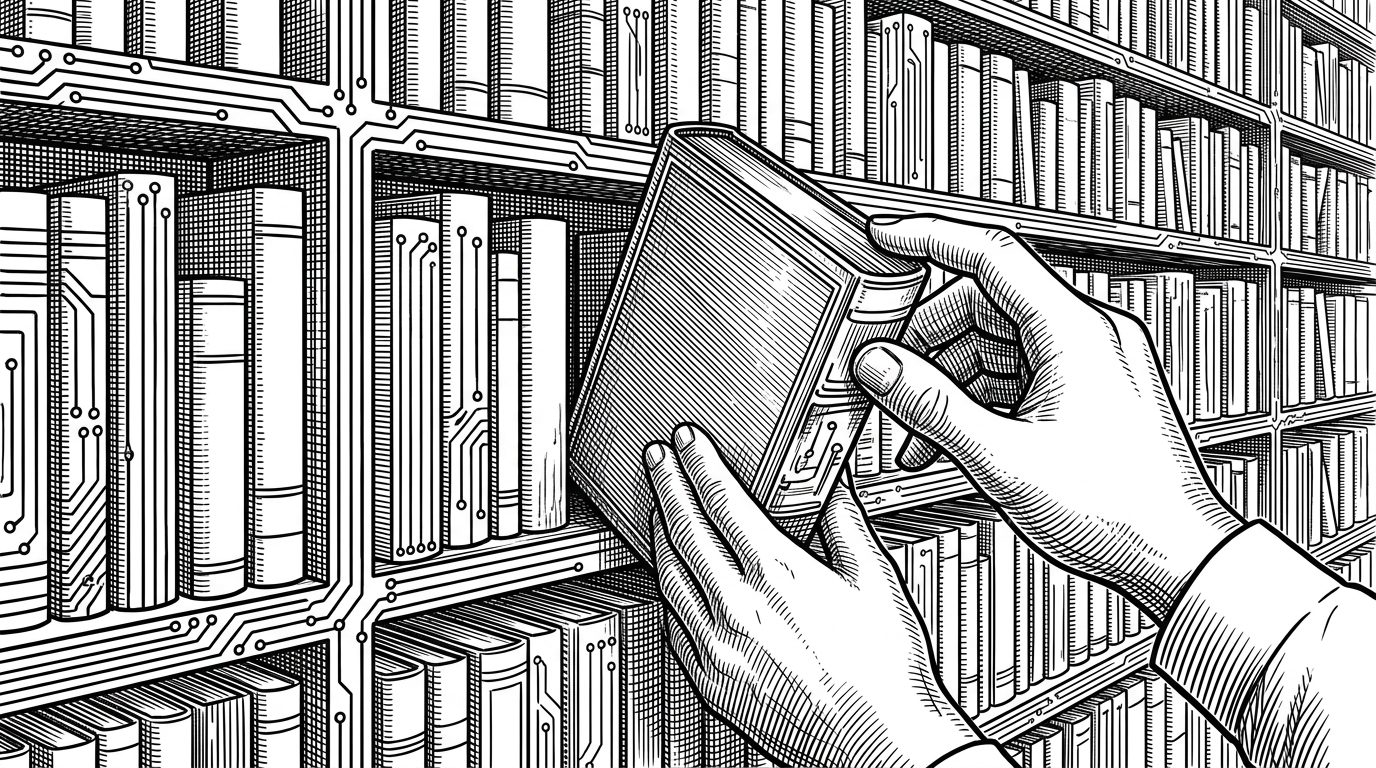 A vast library where bookshelves are made of glowing circuit traces, with a developer extracting a single glowing book that transforms into a workspace. This illustrates the concept of swizzling components out of a core theme.