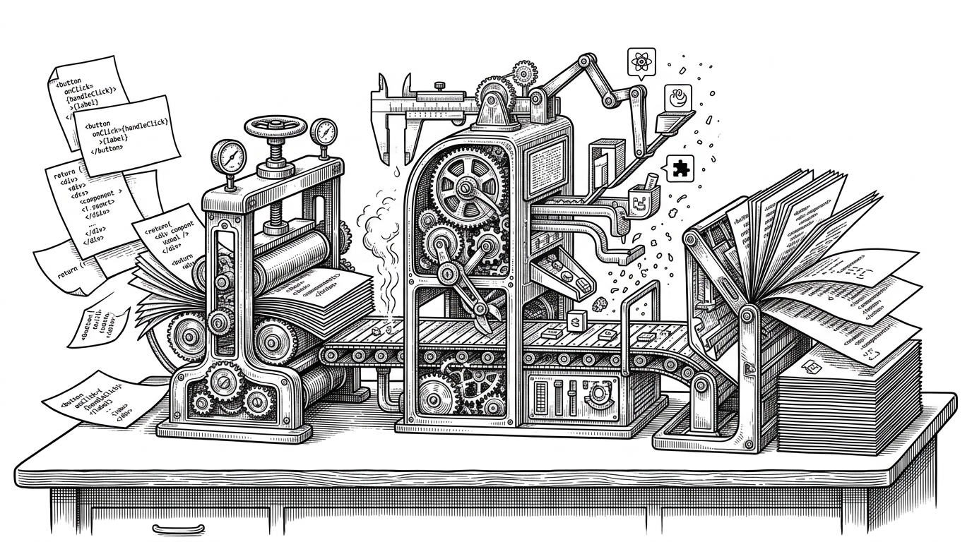 A wide black-ink editorial scene of JSX pages entering a mechanical press and emerging as a cleaner, optimized component sheet. The machine has distinct stages that suggest parsing, analysis, and output, explaining that React now rewrites UI code before it runs.